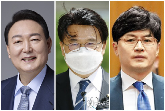 (왼쪽부터) 윤석열 대통령, 황운하 더불어민주당 의원, 한동훈 법무부 장관. <국민의힘 제공, 연합뉴스>